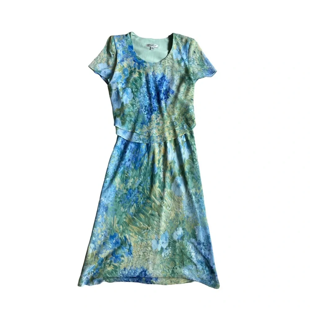 Coldwater‎ Creek Tiered Chiffon Maxi Dress Size 6 Blue Watercolor Kentucky Derby
